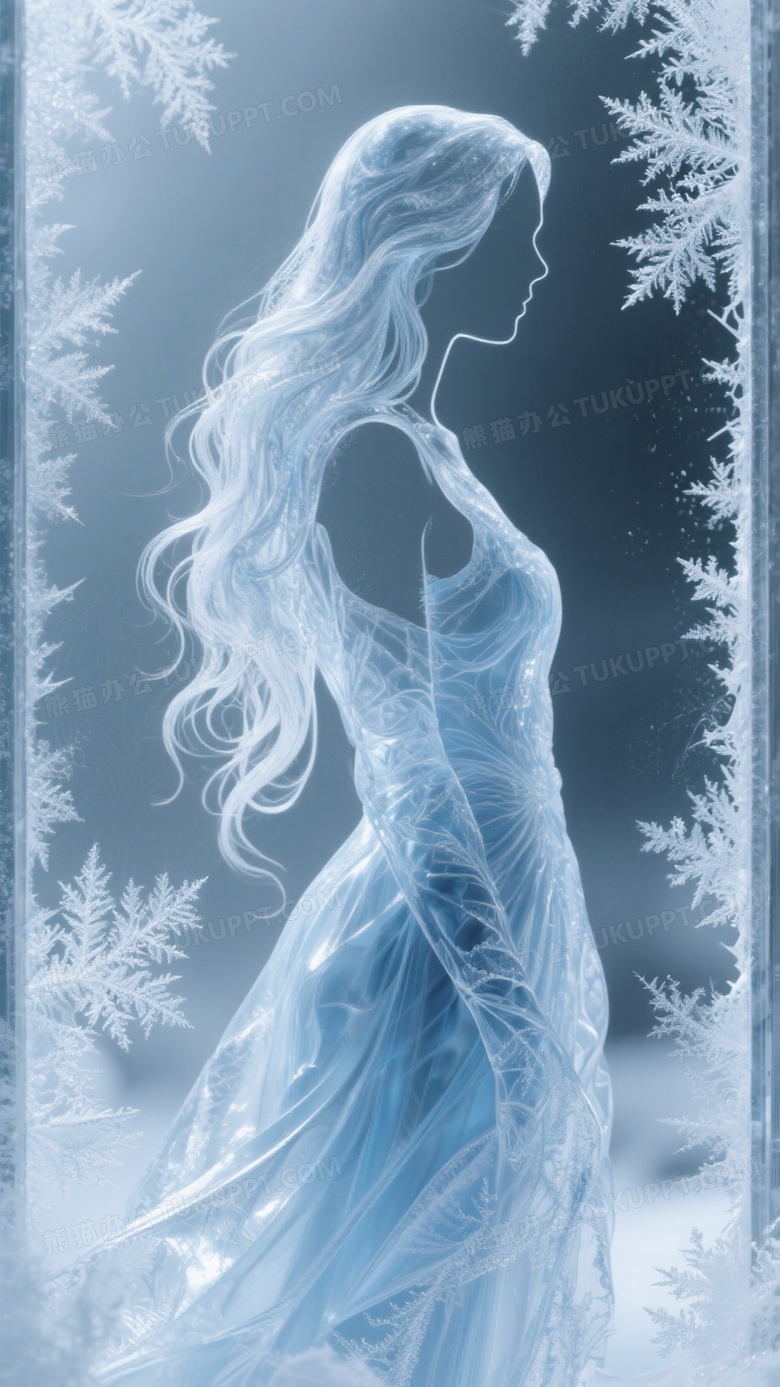 主题描述冬季结霜玻璃窗上冰花自然凝结成女性侧影轮廓