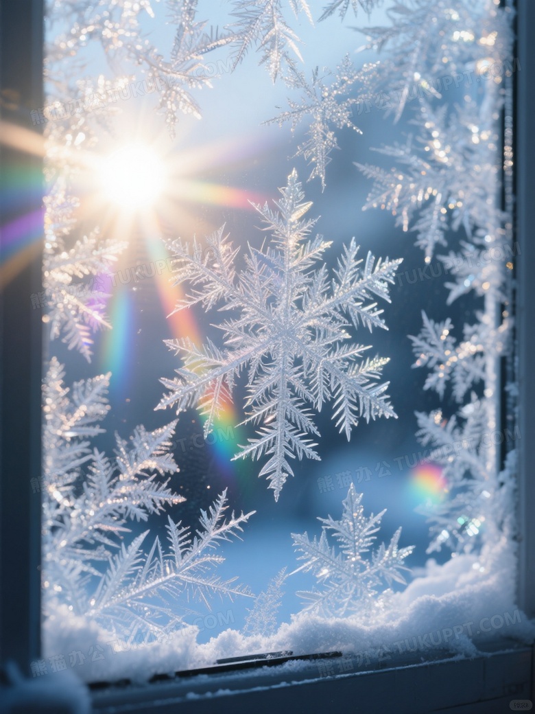 描绘一幅冬天玻璃上冰花蔓延的正面窗花