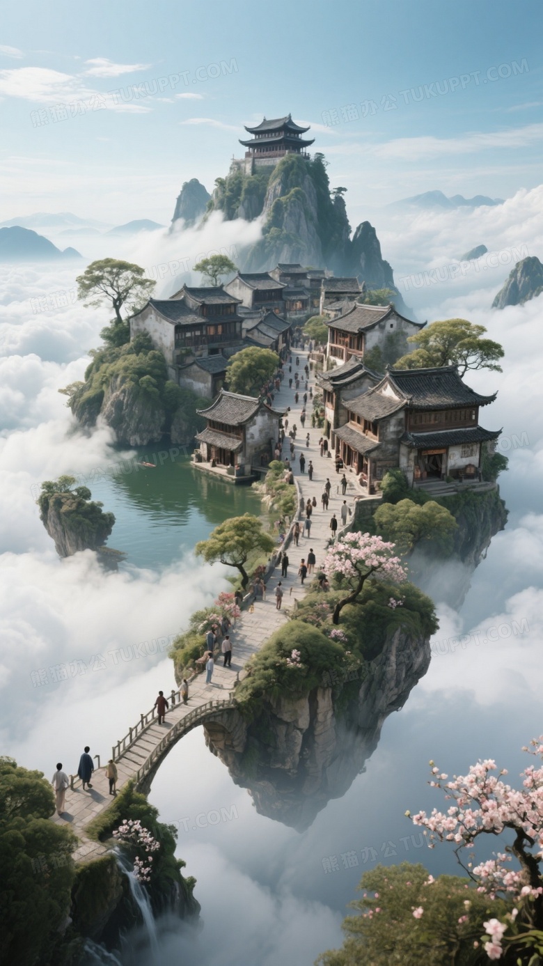 上空一座天空城岛屿穿过云霄漂浮云海中