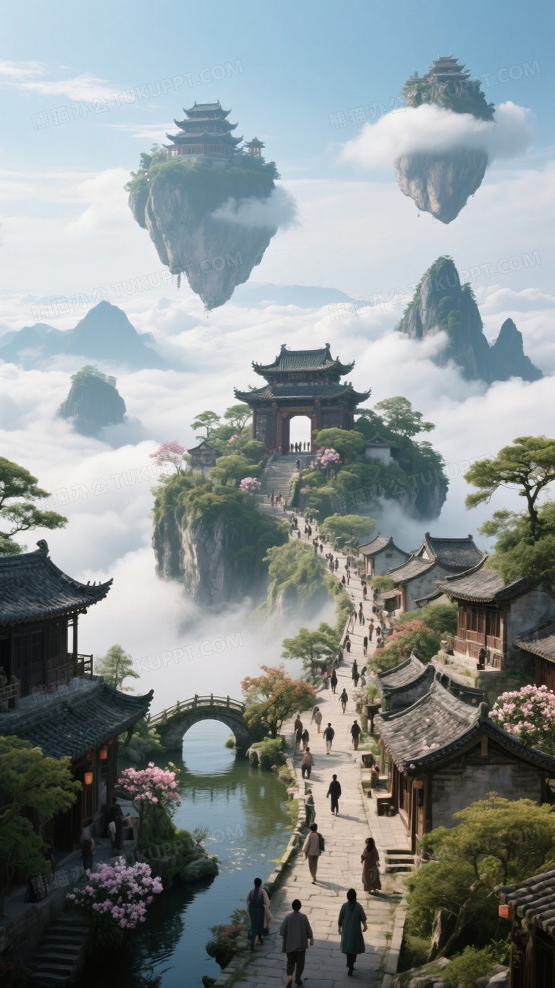 上空好几座大的天空城岛屿穿过云霄漂浮云海中