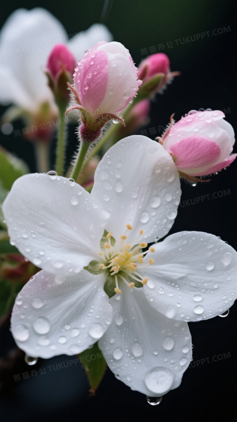 雨后白色海棠花特写水珠附着在丝绸质感花瓣上