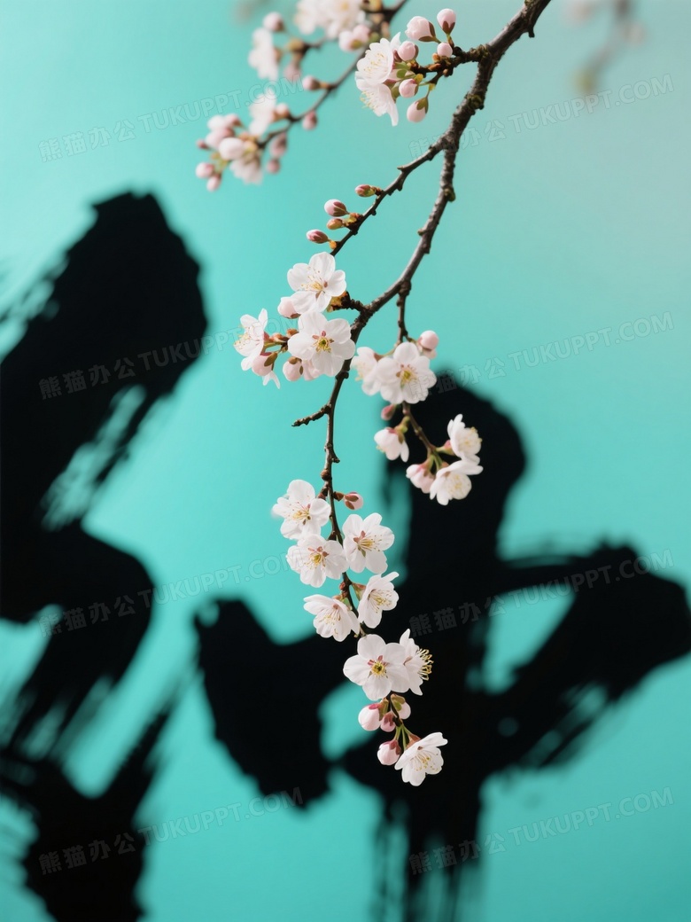 一株苍劲开满沲棠花的枝条垂下