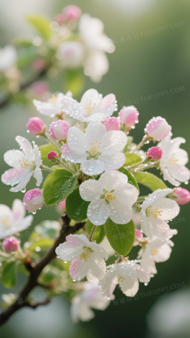 白色海棠花簇满枝头粉红花苞点缀其间