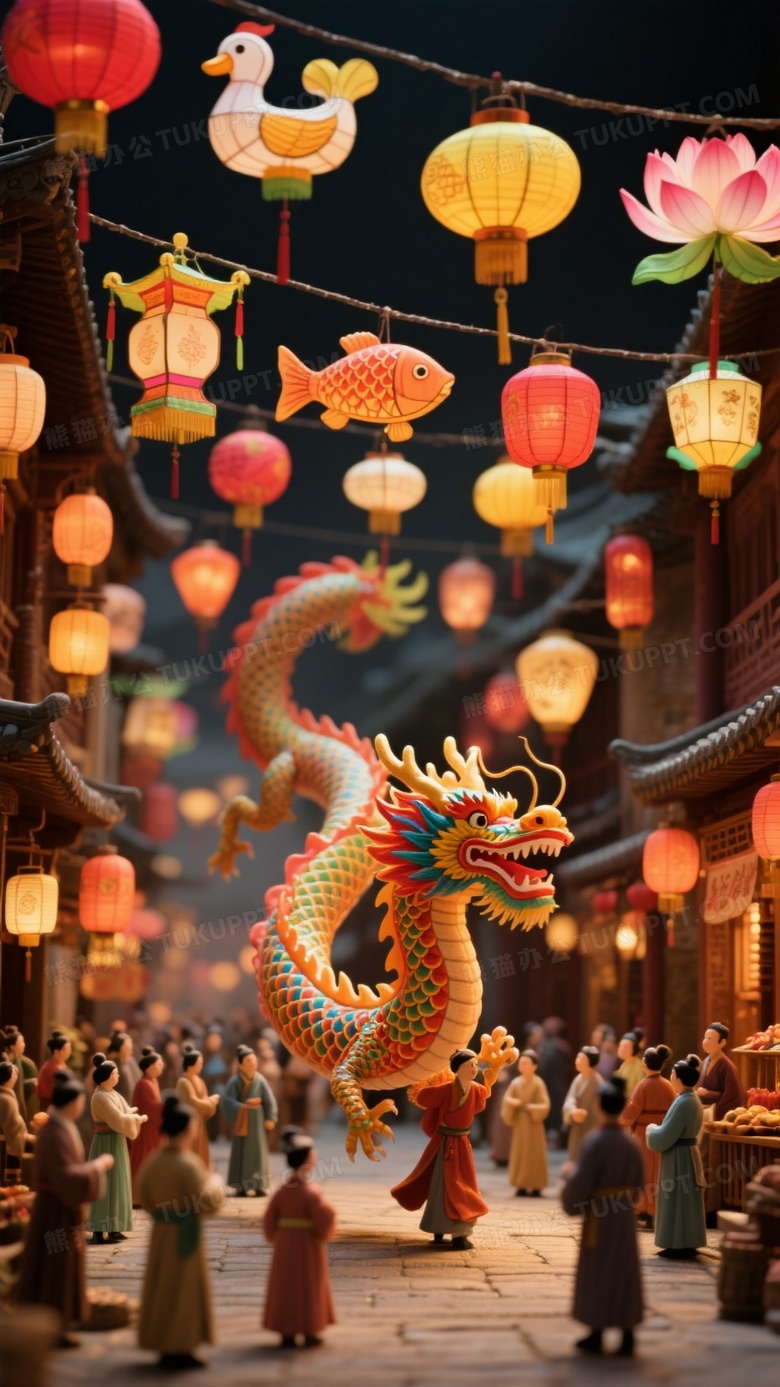 微缩摄影风格展现大唐盛世的舞龙场景