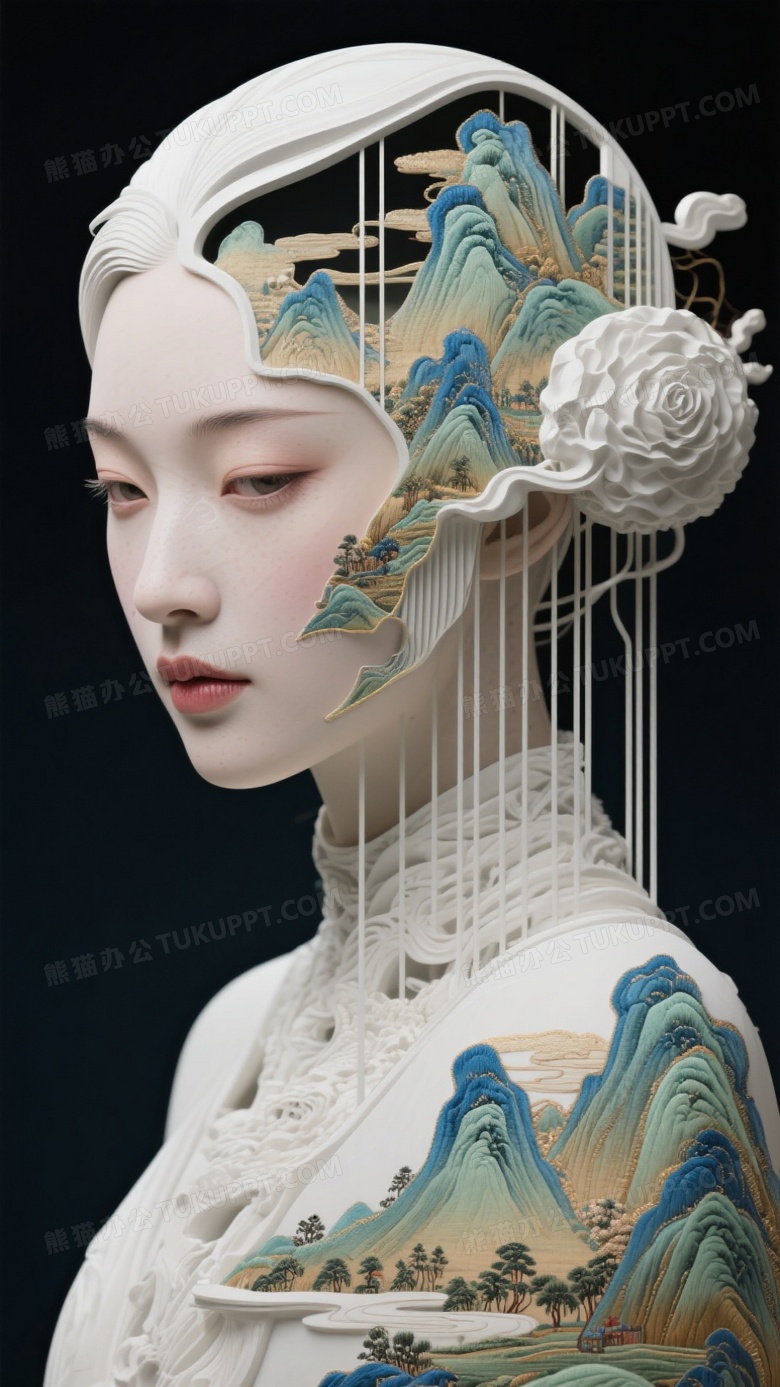 梦核治愈一个美女头像无缝与千里江山图拼接