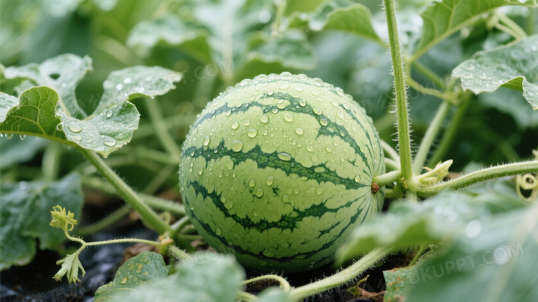 圆润饱满带有水珠的西瓜生长在瓜藤与绿叶之间