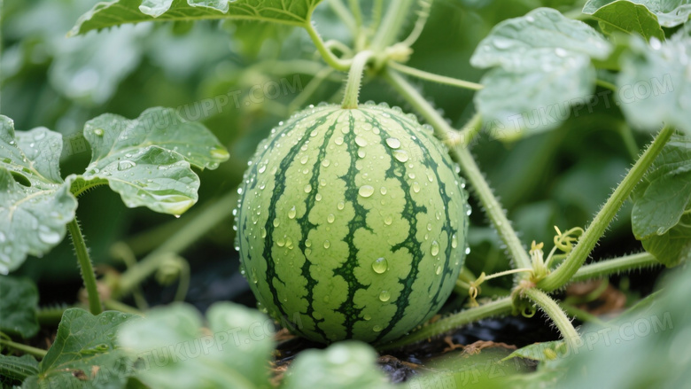 圆润饱满带有水珠的西瓜生长在瓜藤与绿叶之间