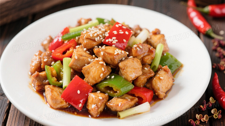 一盘色泽诱人的宫保鸡丁置于深色木质桌面上