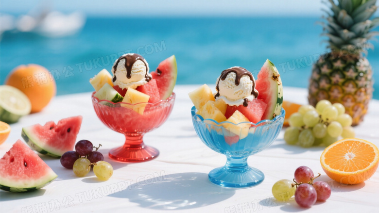 两个分别为红色和蓝色的玻璃碗中装着西瓜