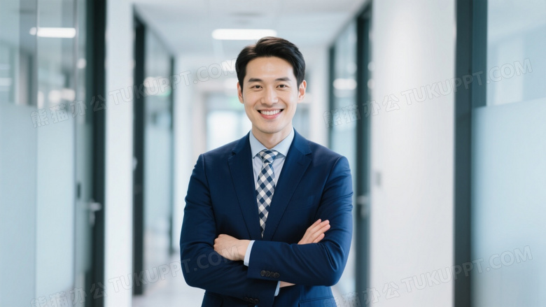一位身着深蓝色西装系着格子领带的男士