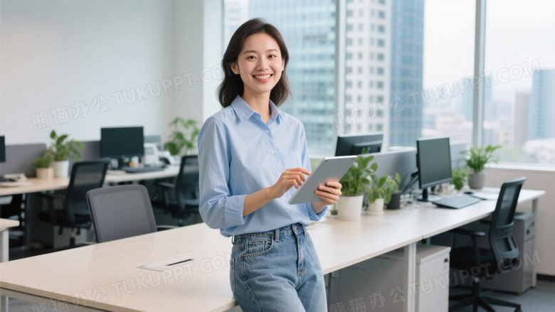 一位身着浅蓝色衬衫和牛仔裤的女士