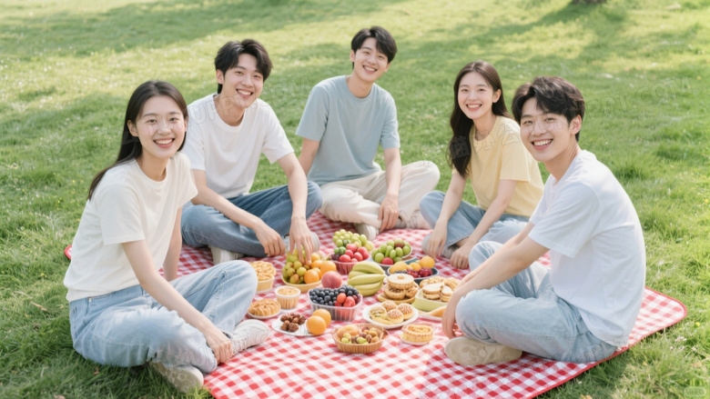 五位身着简约休闲装的年轻人围坐在铺在翠绿草地上的红白格子野餐垫旁