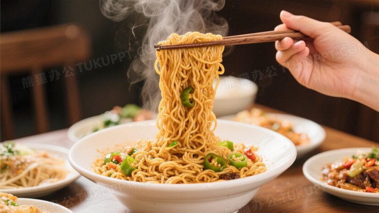 一只手用筷子夹起一大把热气腾腾的面条