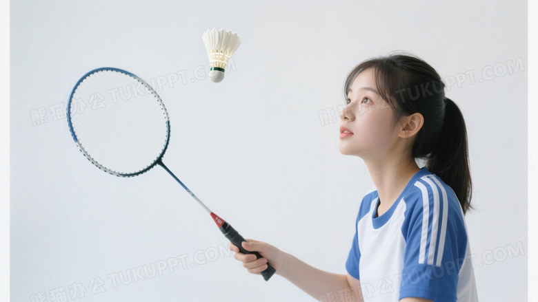 一位身着蓝白运动服的少女手持羽毛球拍
