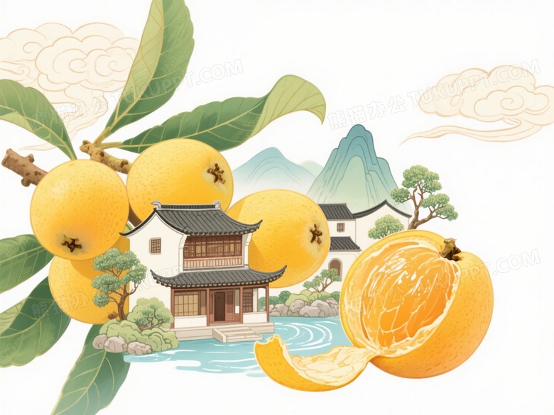 一串黄色枇杷其中一颗枇杷被剥开果皮露出果肉