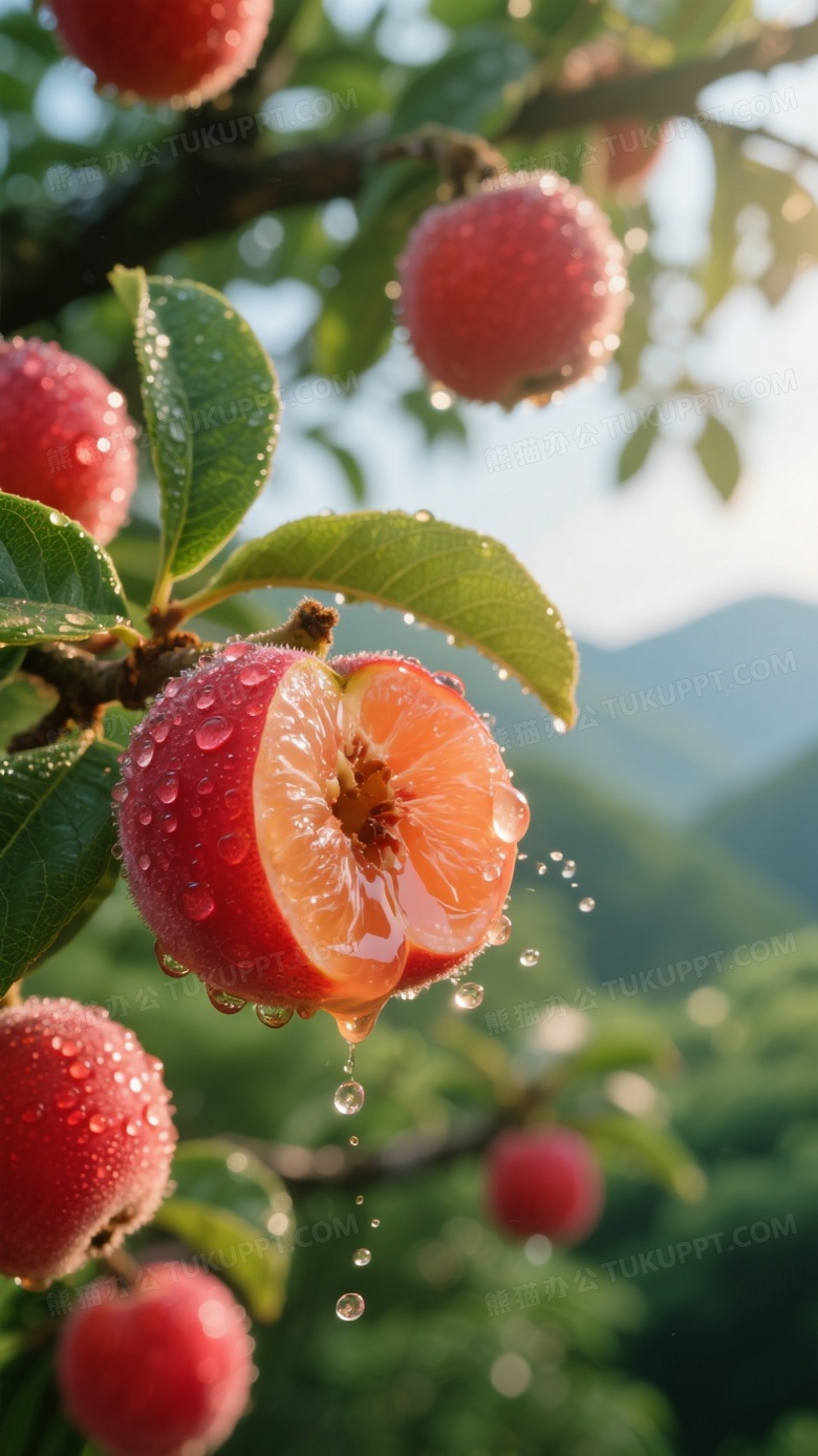 挂满枝头的枇杷果皮红润透亮透亮带细小绒毛