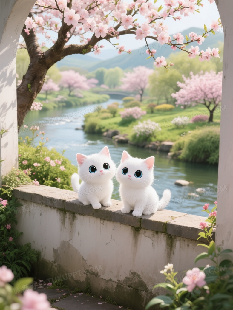 卡通小奶猫庭院的围墙上