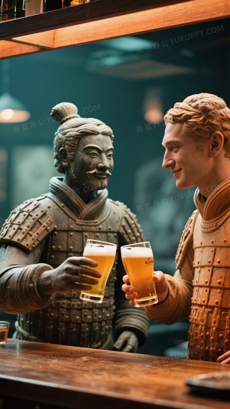兵马俑和大卫一起在酒吧碰杯喝啤酒