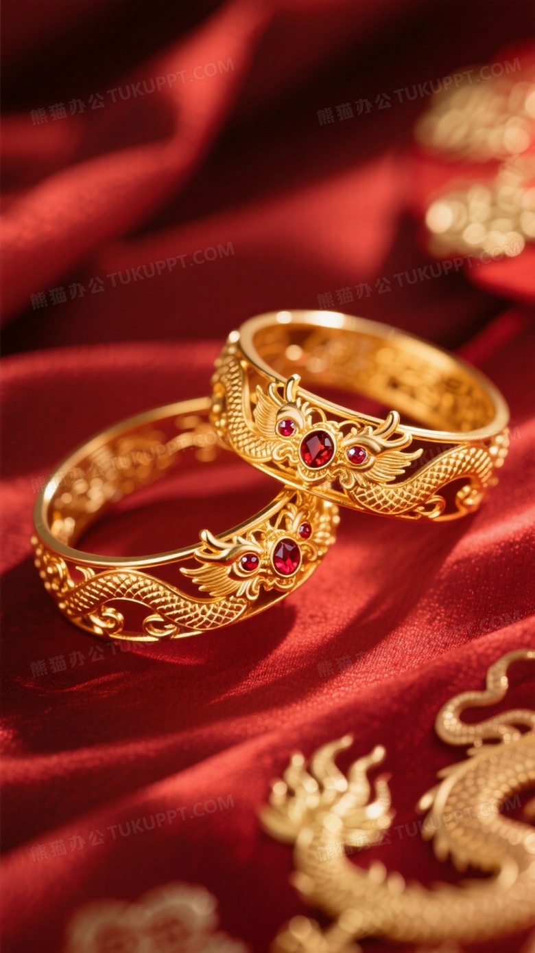 一对传统龙凤金镯交错摆放
