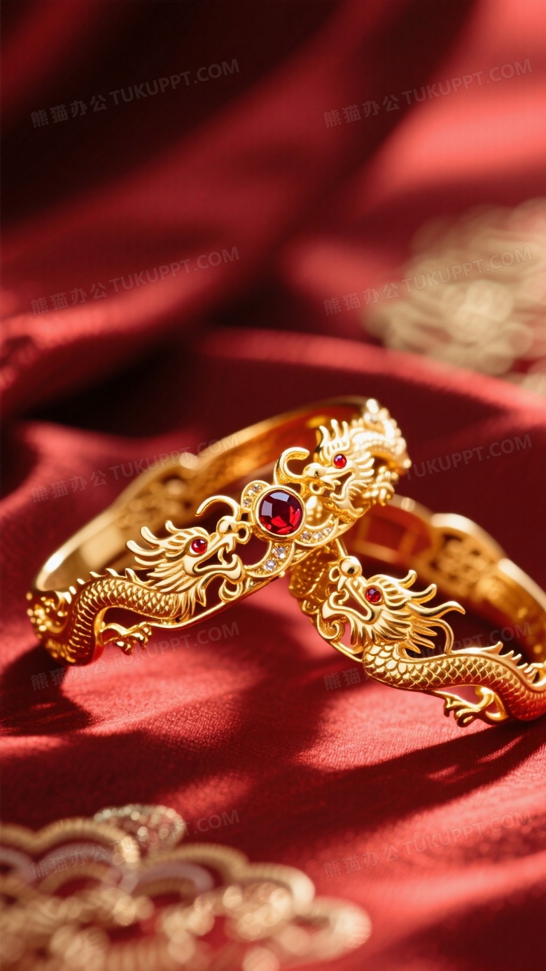 一对传统龙凤金镯交错摆放