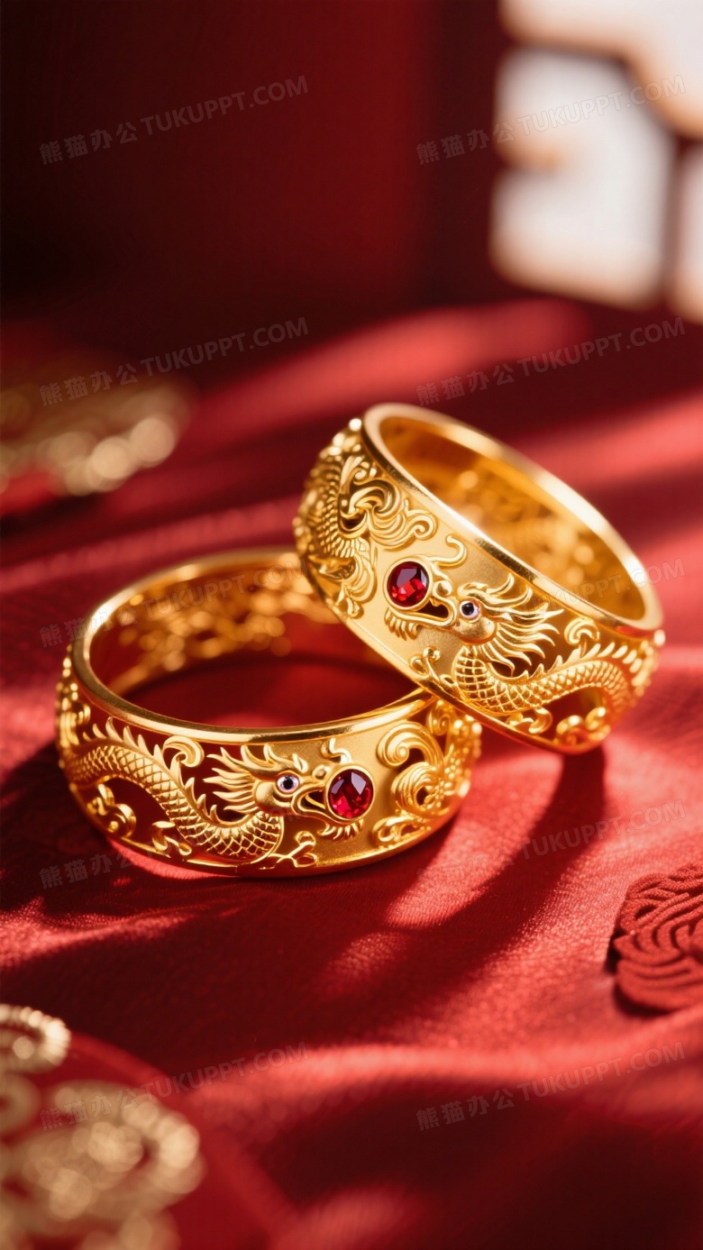 一对传统龙凤金镯交错摆放