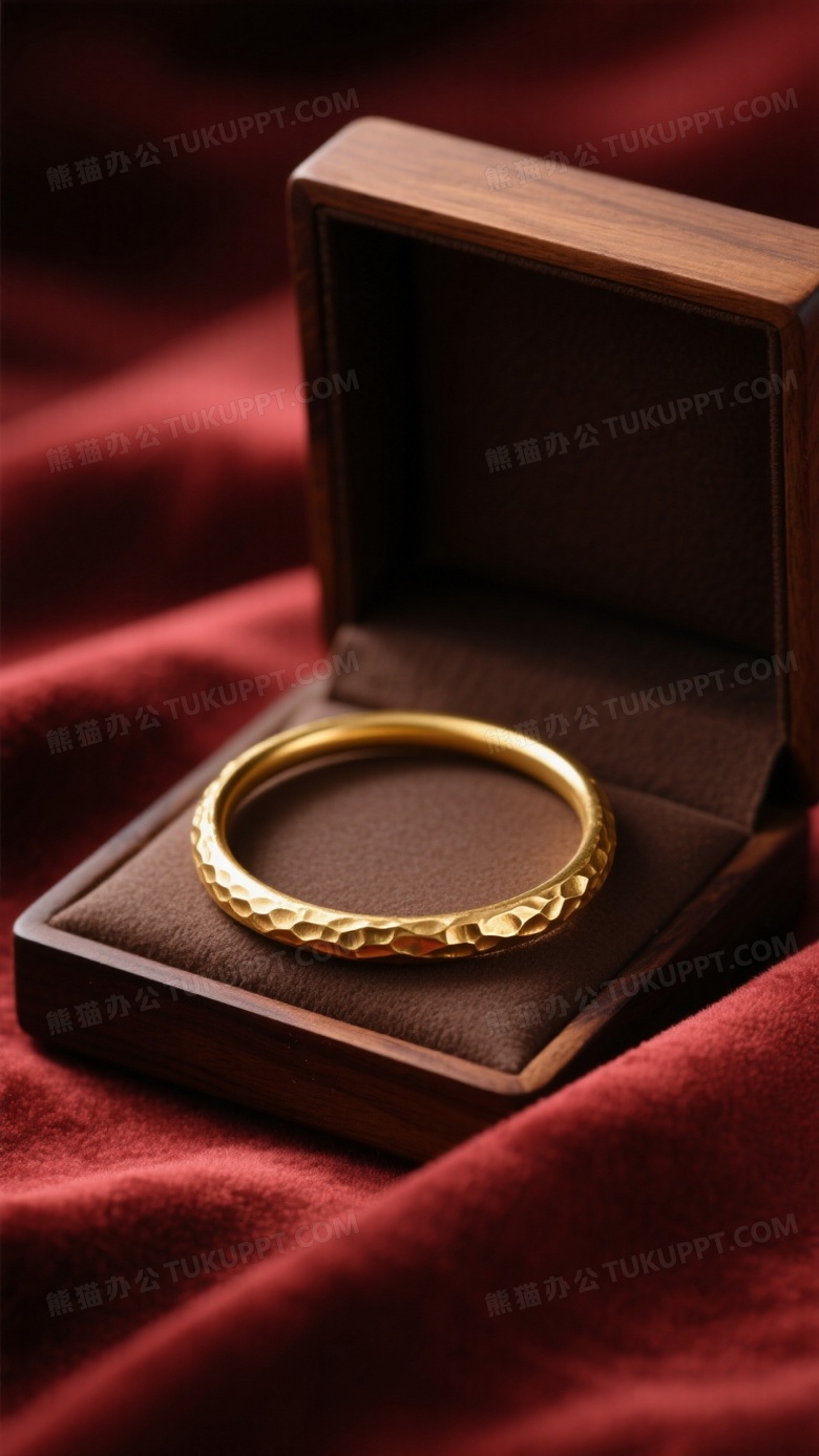 哑光古法黄金素圈手镯置于深棕色木质首饰盒内