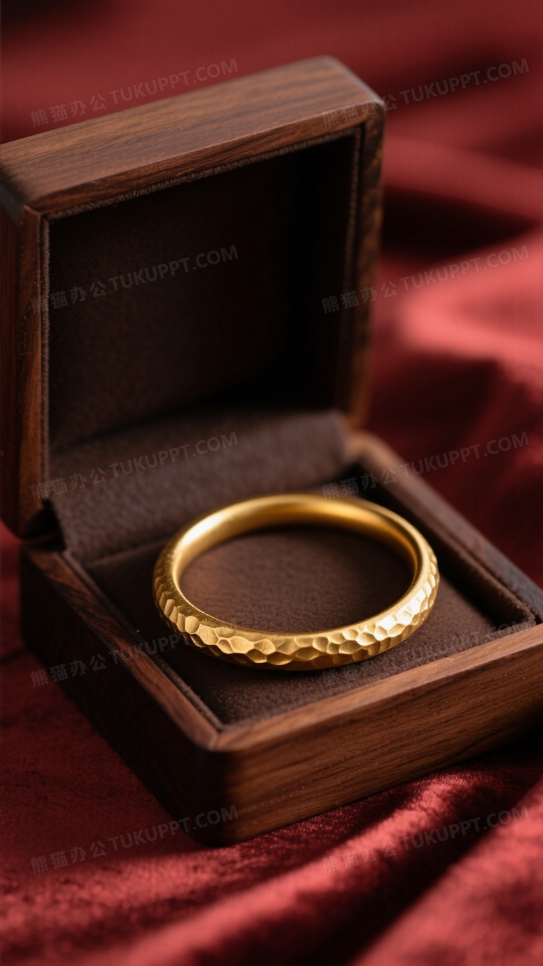 哑光古法黄金素圈手镯置于深棕色木质首饰盒内