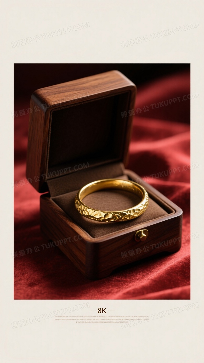 哑光古法黄金素圈手镯置于深棕色木质首饰盒内