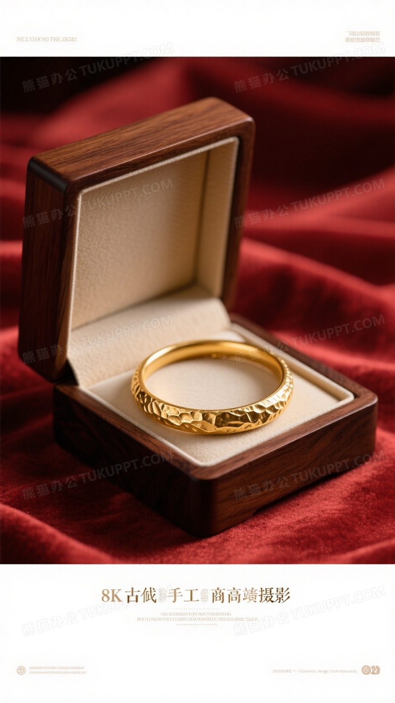 哑光古法黄金素圈手镯置于深棕色木质首饰盒内