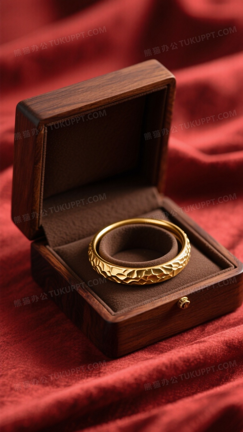 哑光古法黄金素圈手镯置于深棕色木质首饰盒内