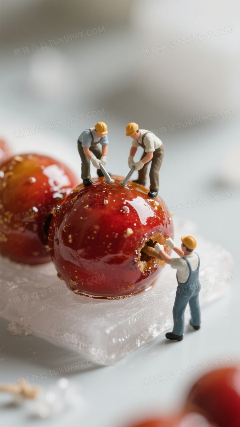 2个工人在巨大的冰糖葫芦上工作