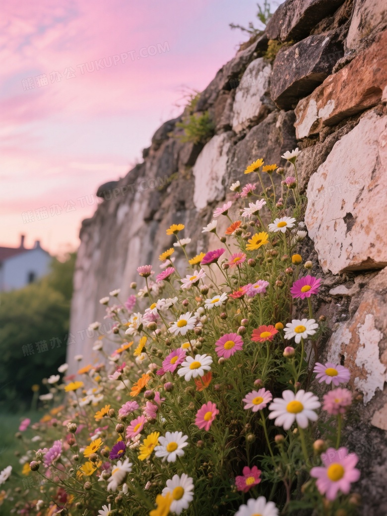 斑驳的石砌外墙上长出了很多色彩丰富的小雏菊
