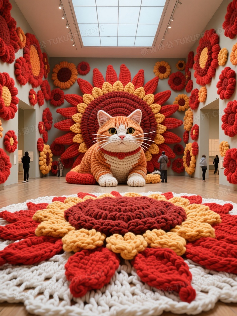 博物馆大厅满身贴着密集火红色羊毛绒线太阳花花朵钩针作品巨大的猫咪