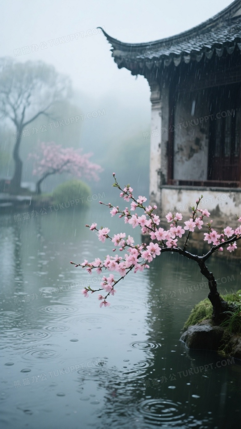 烟雨蒙蒙中一方静谧的池塘映入眼帘