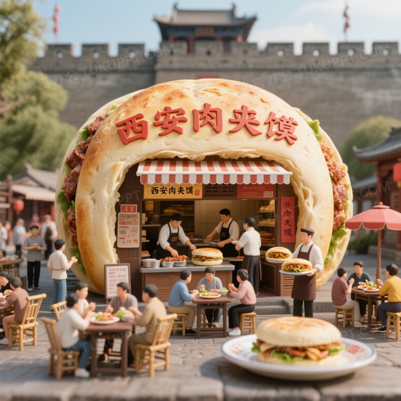 西安城墙为背景前面一个巨大的肉夹馍做成的店铺