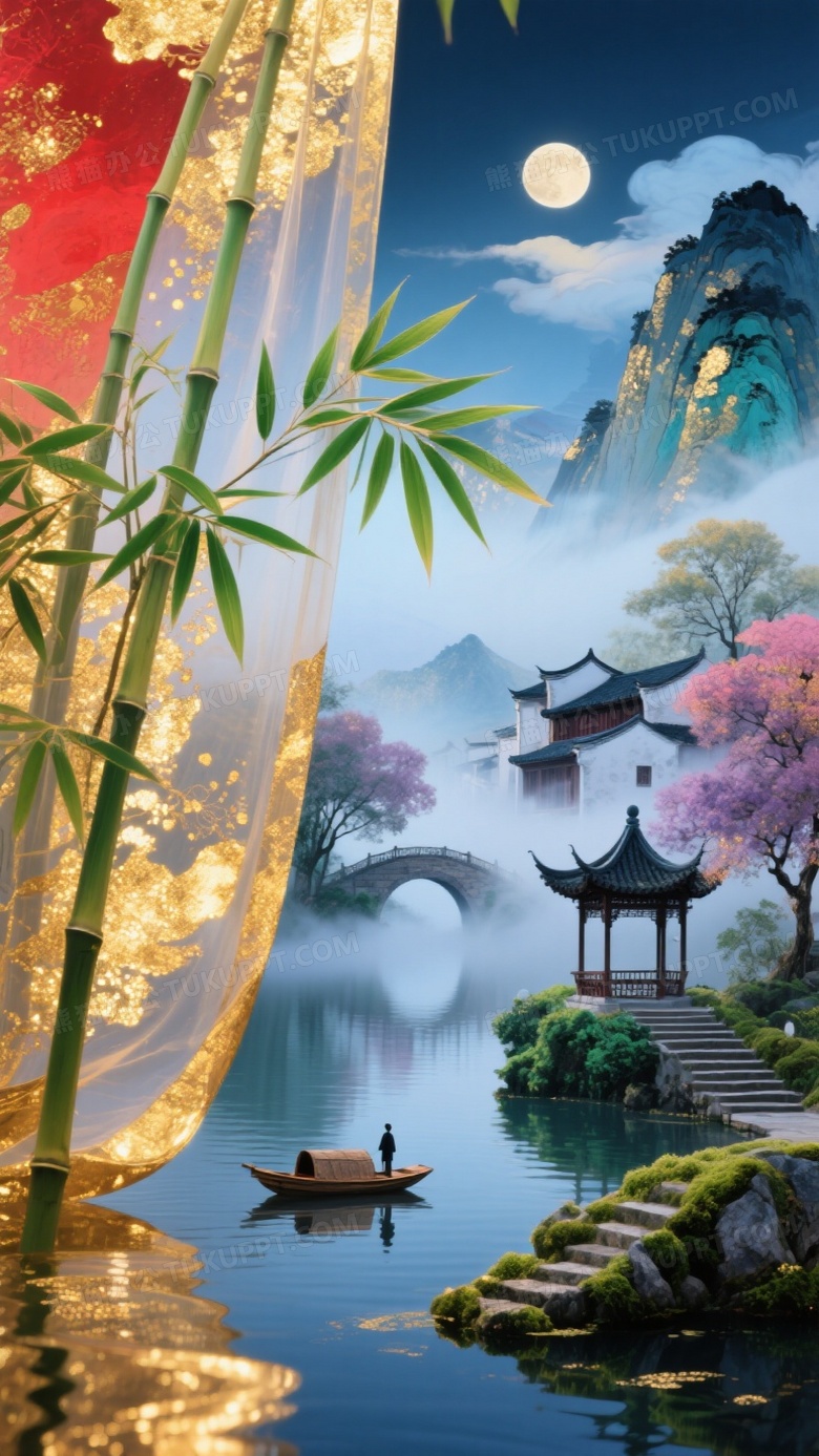 大面积金箔岩彩炫彩水墨画