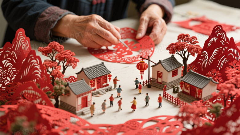 中式非遗剪纸正在进行剪纸创作的非遗传人手指下