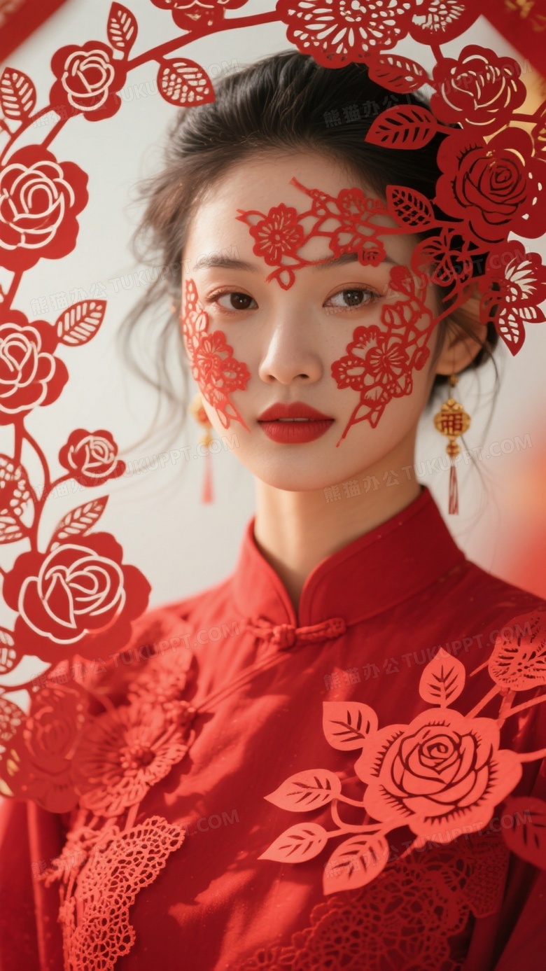 一位身穿红色衣服的美丽中国女人