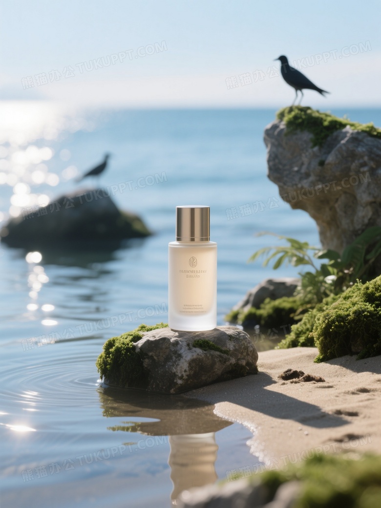 一瓶高端护肤品放置在海上