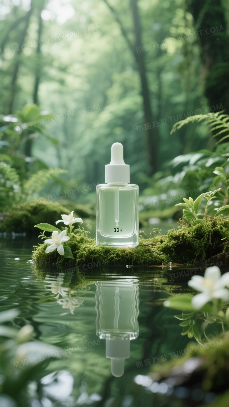 透明滴管玻璃瓶香水瓶子放置在一片茂密的森林中