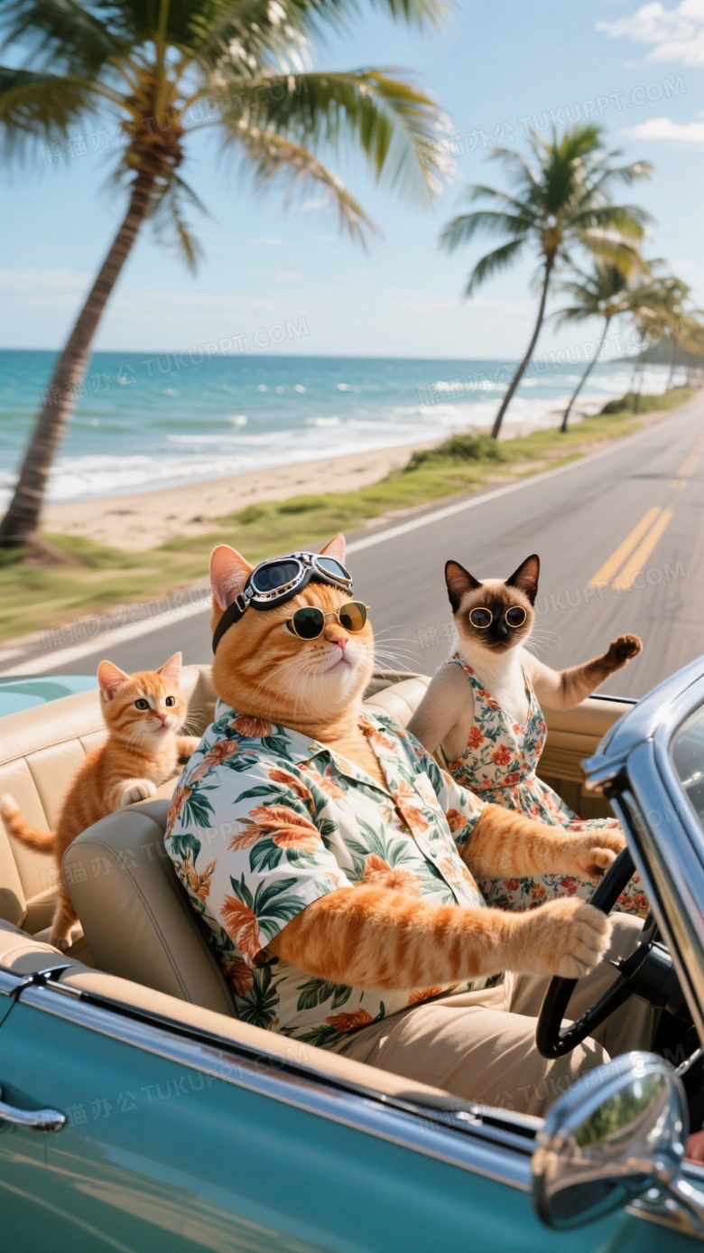 主驾驶胖橘猫穿夏威夷花纹衬衫戴飞行员墨镜