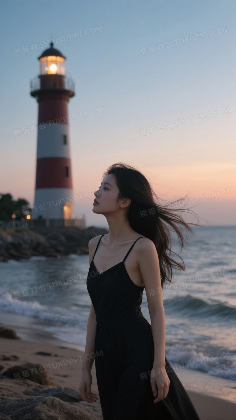 海边年轻的美女黑色吊带裙