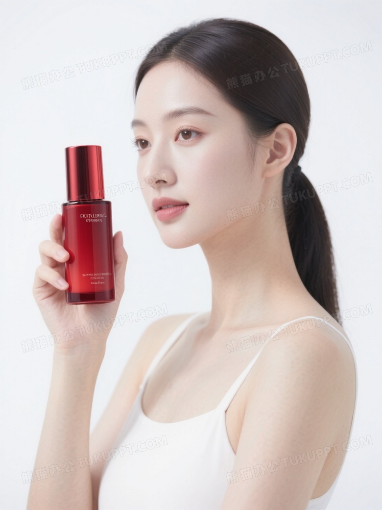 这张产品图展示了一位女性模特手中拿着一瓶红色的修护乳