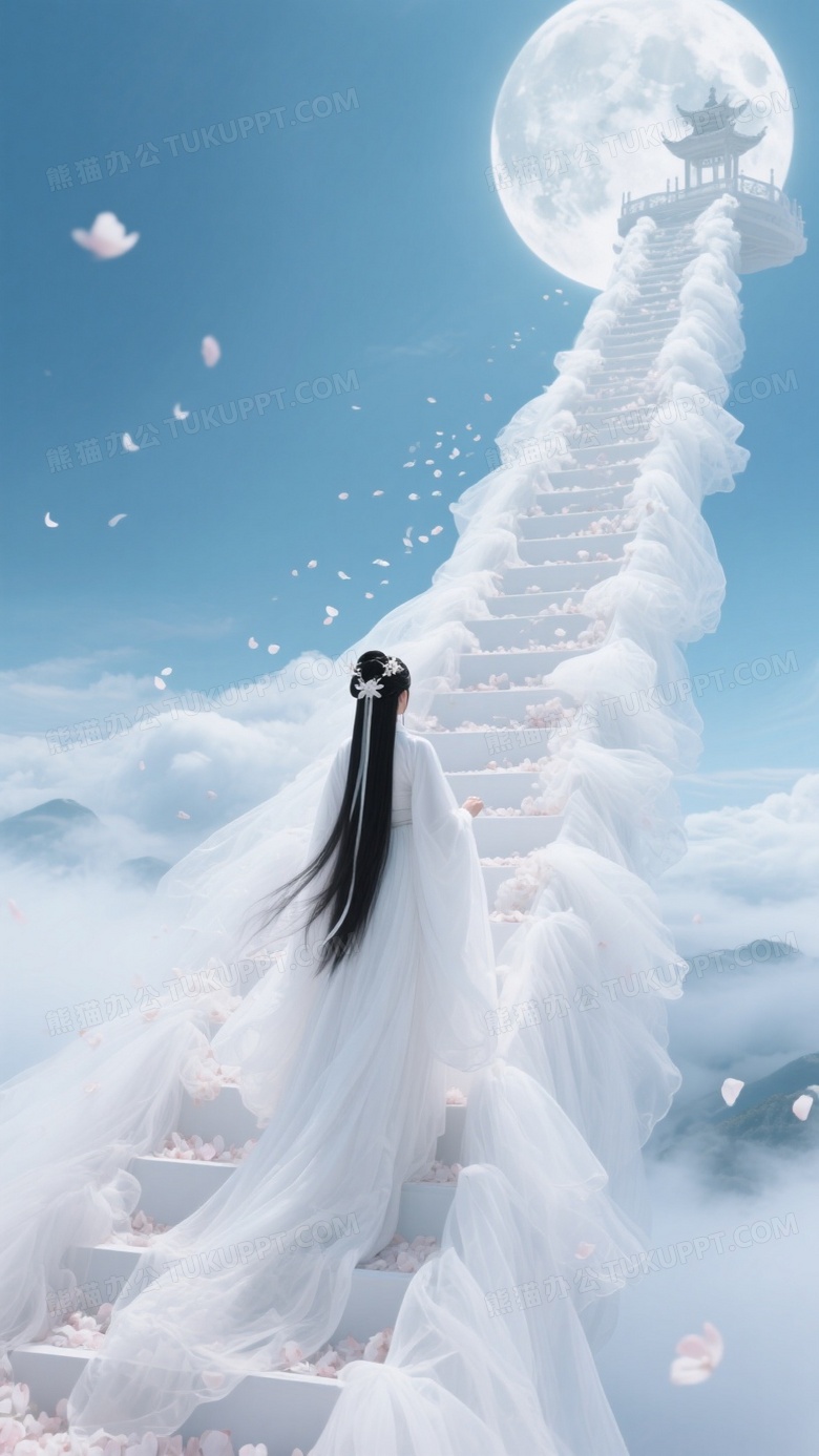 蓝天云海之上古风华丽的白色天梯蓬蓬松松堆满白纱委婉回环伸向月宫