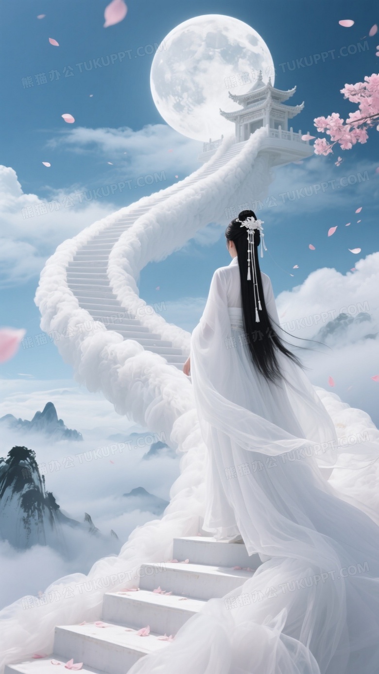 蓝天云海之上的古风华丽白色天梯