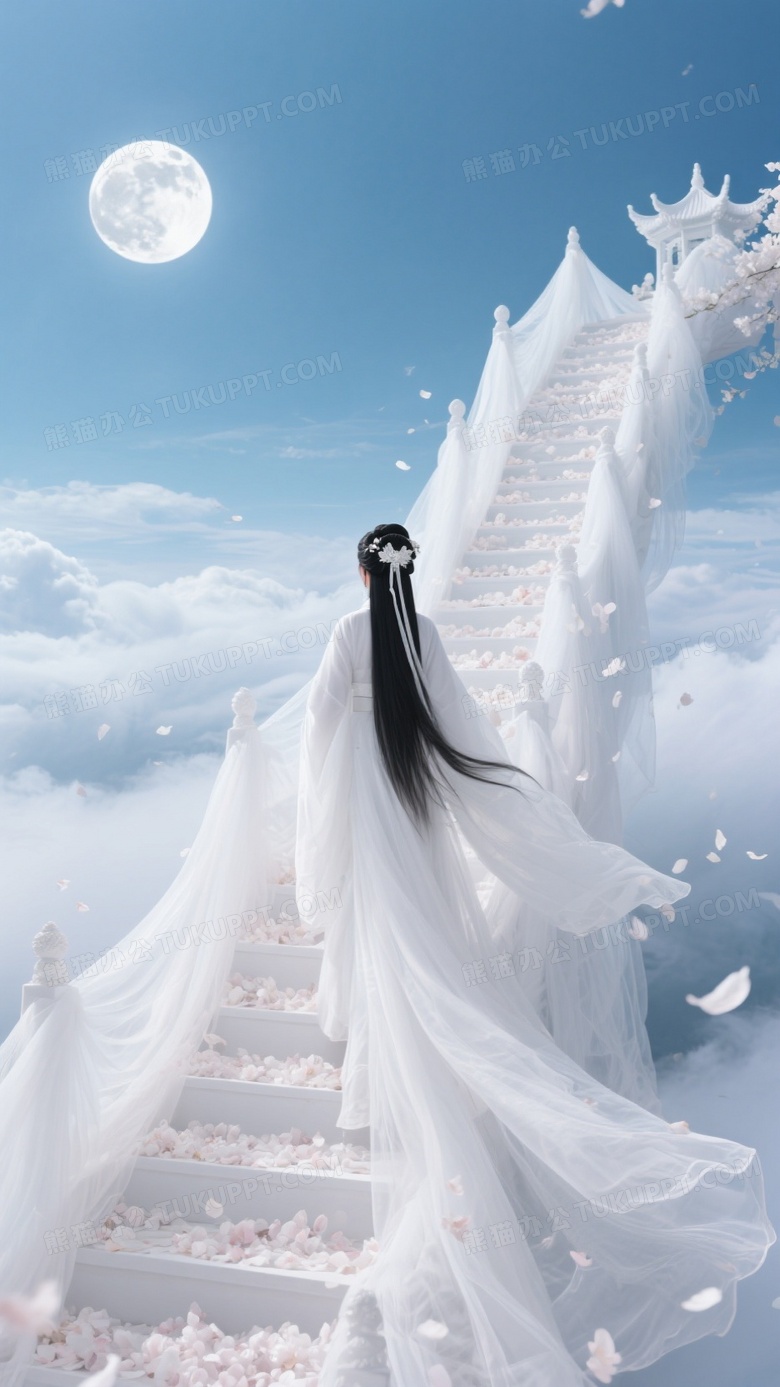 蓝天云海之上古风华丽的白色天梯蓬蓬松松堆满白纱委婉回环伸向月宫