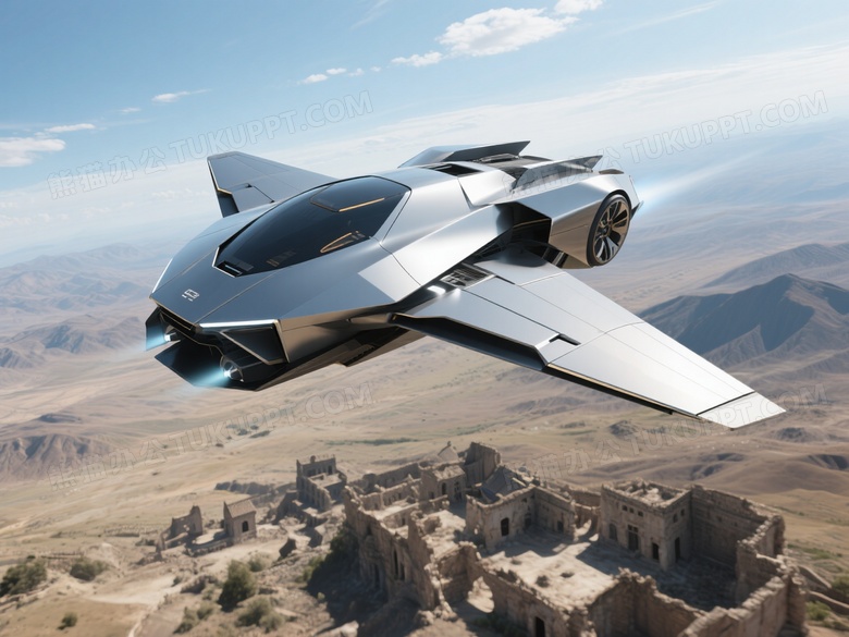 一辆超光速飞行的未来高科技风格的空中跑车飞过高原上空