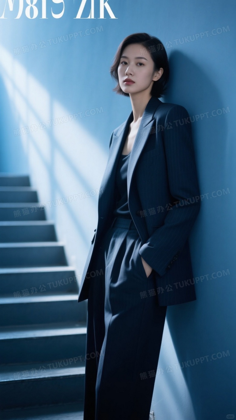 一个穿着西服的女人靠着楼梯