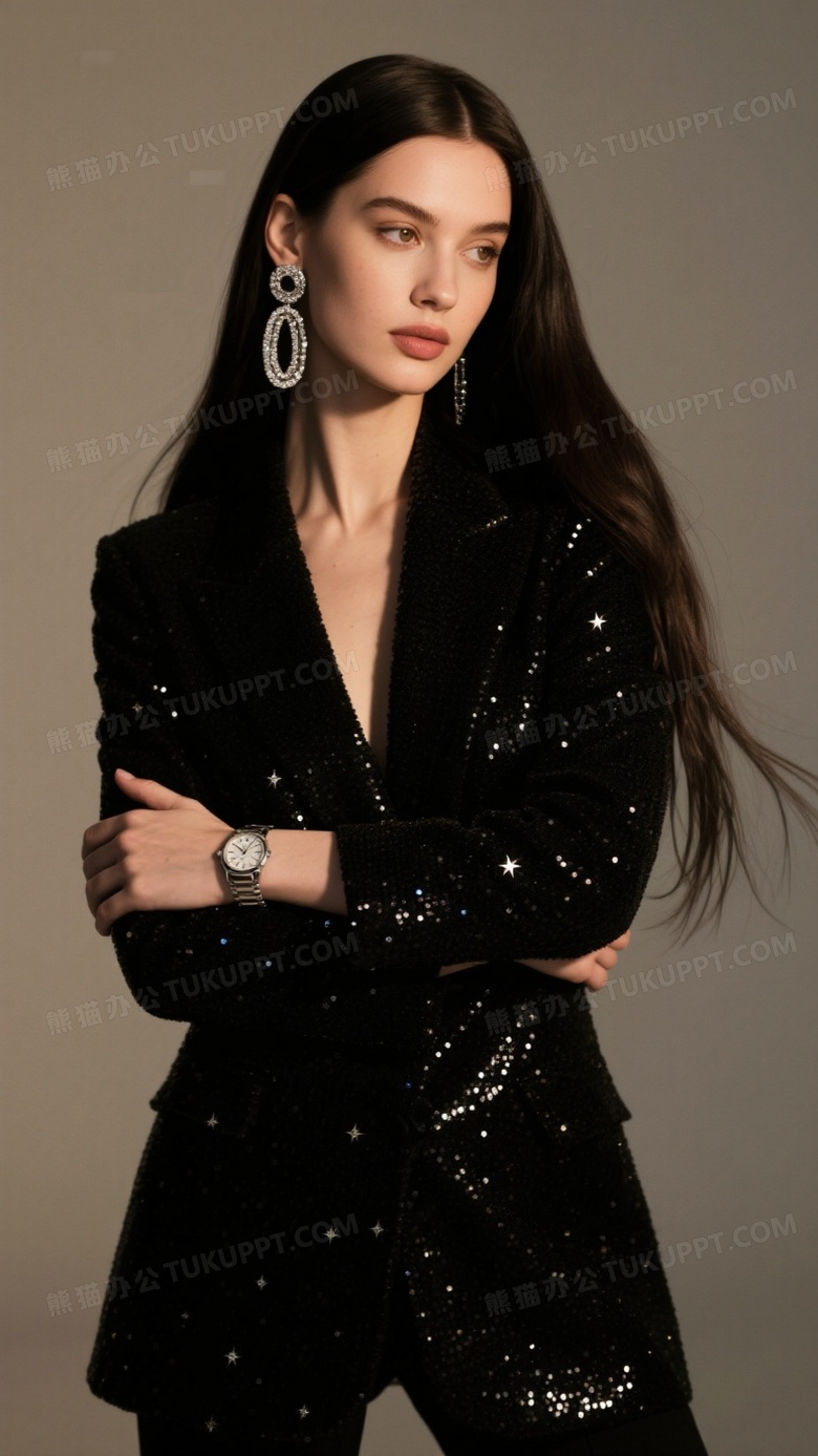 一个漂亮的美女穿着黑色闪闪明星西装