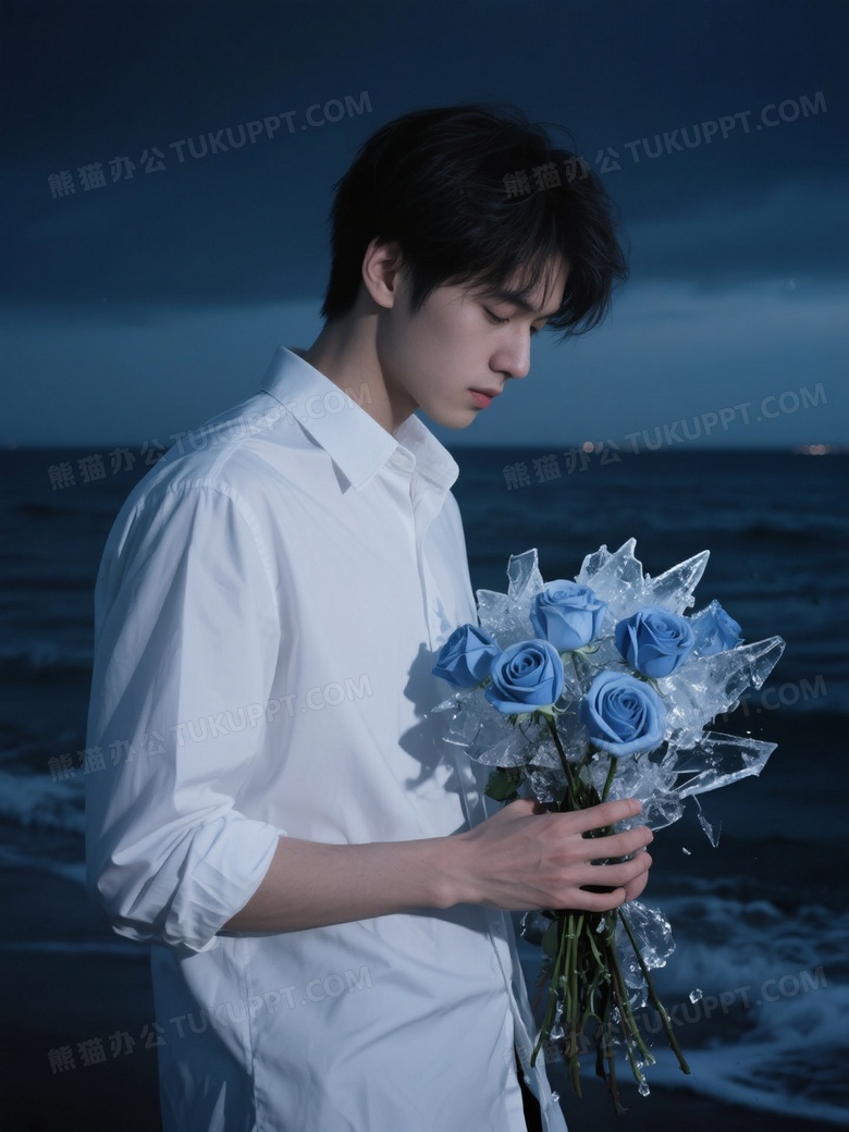 一个男生身着白衬衣手捧着一束碎冰蓝玫瑰